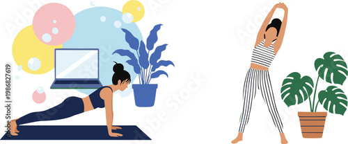 Young Women Practicing Home Yoga and Fitness Exercises Following Online Tutorials on Laptop and Stretching Near Houseplants in a Modern Flat Vector Illustration Set