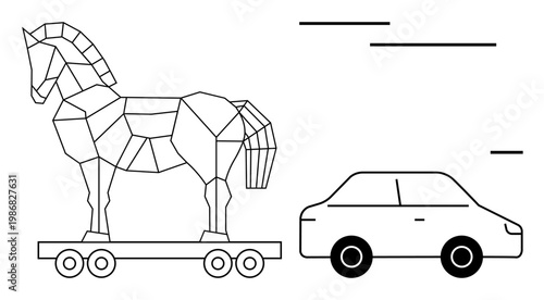 Cybersecurity, deception, digital threats, malicious software, data protection, hacking prevention. Geometric Trojan horse and car outline. Cybersecurity and deception concepts