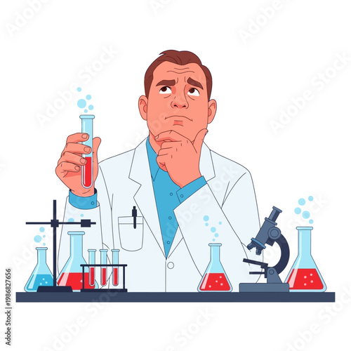 Confused Scientist Holding Test Tube in Laboratory