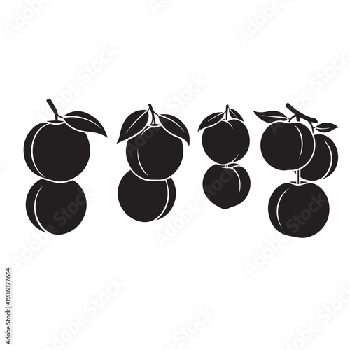 Ripe Peaches Hanging Tree Silhouette Vector Illustration, Peach Fruit Branch Minimal Black White Design Set, Peach Tree Silhouette Simple Vector Pack