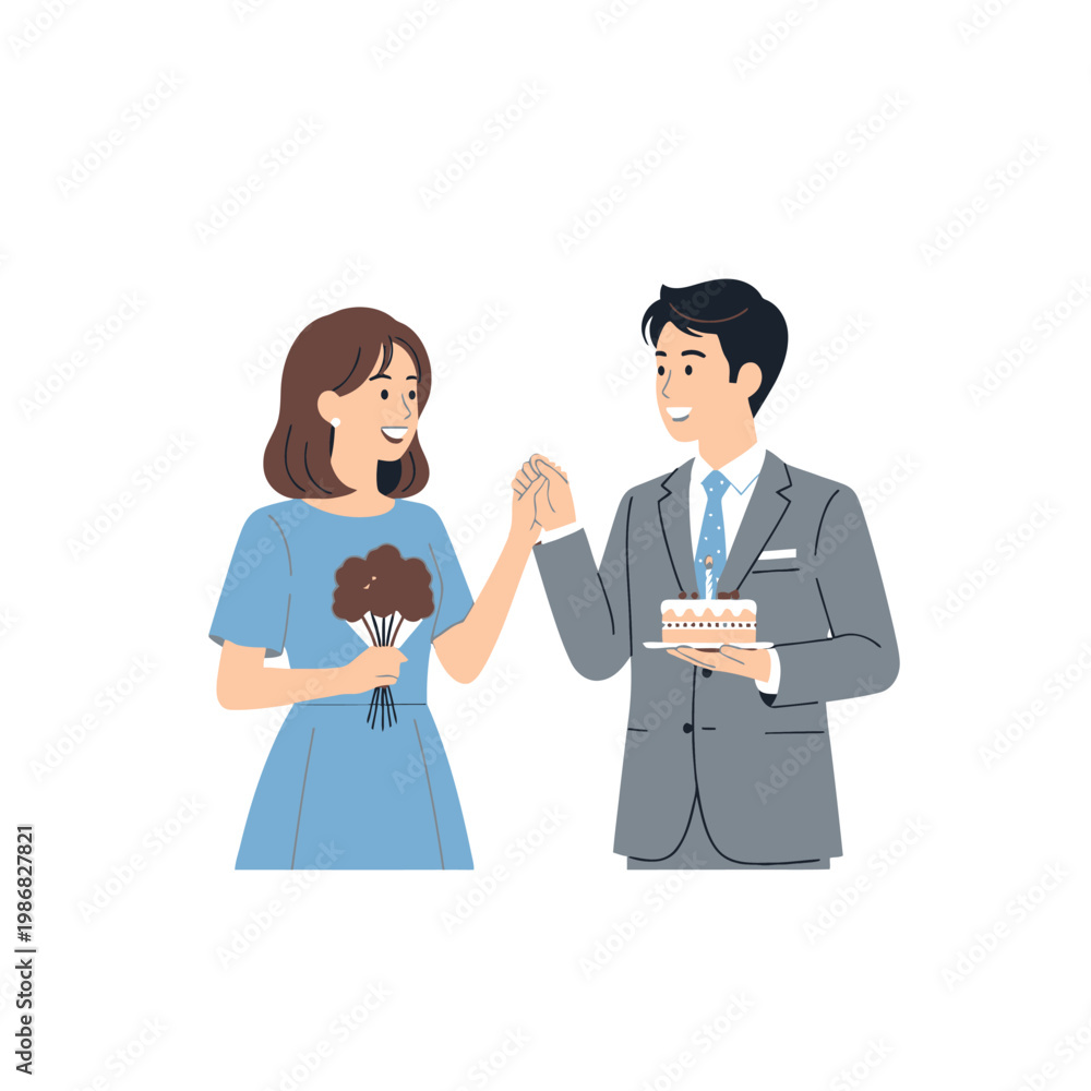 Fototapeta premium Couple celebrating with cake and flowers, happy occasion, vector illustration