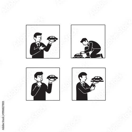 Person Holding Car Model Silhouette Vector Illustration, Hand Holding Car Model Minimal Black White Design, Human Hand with Car Model Simple Icon Set