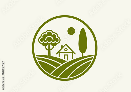Organic Farm and Rural Landscape Minimalist Badge Logo Icon - Sustainable Agriculture and Eco-friendly Countryside Illustration