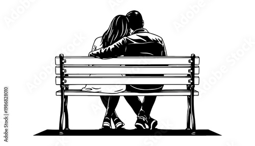 Couple sitting on a bench in a romantic black silhouette illustration