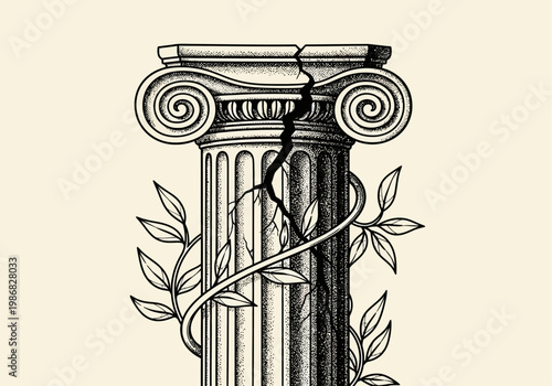 Vintage Stipple Illustration of a Cracked Greek Ionic Column with a Leafy Vine, Symbolic Ancient Ruin and Nature Concept Art