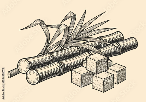 Vintage Engraving Illustration of Sugarcane Stalks with Leaves and Refined Sugar Cubes
