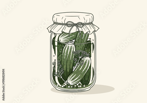Vintage Hand-Drawn Illustration of a Mason Jar with Pickled Cucumbers, Dill, and Spices; Retro Minimalist Line Art for Homemade Preserves and Organic Food Concepts