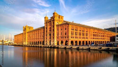 Grand red brick building reflecting in calm water, under a bright blue sky with soft clouds