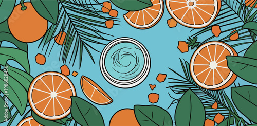 Vector Illustration of Oranges with Leaves and Yogurt