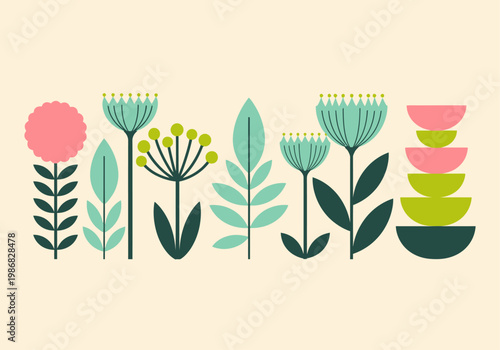 Mid-Century Modern Floral Illustration - Minimalist Geometric Botanical Elements in Pastel Colors