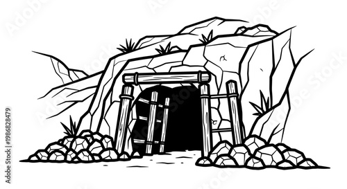 Old mine entrance with wooden gate.