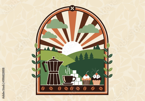 Retro Flat Vector Illustration of a Coffee Breakfast Scene with Moka Pot, Cupcakes, and a Scenic Sunrise Landscape