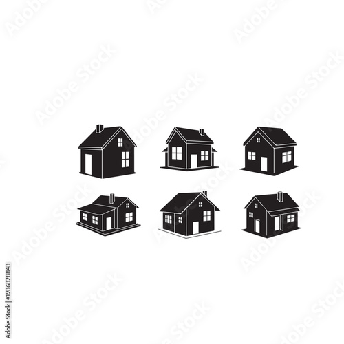 House Model Silhouette Black White Vector Illustration, Real Estate House Model Minimal Icon Set, Home Model Simple Flat Design Vector Pack
