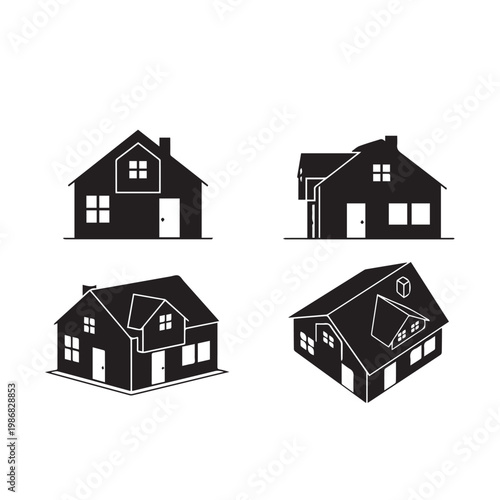 House Model Silhouette Black White Vector Illustration, Real Estate House Model Minimal Icon Set, Home Model Simple Flat Design Vector Pack