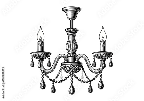 Vintage Chandelier Illustration in Engraving Style, Antique Victorian Candelabra with Crystals and Candles, Isolated Retro Ceiling Light Fixture for Elegant Design