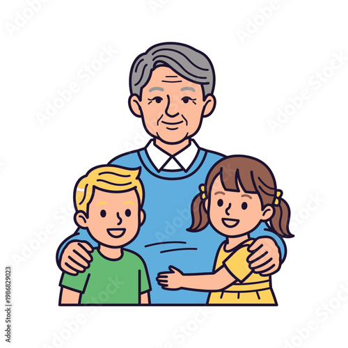 Happy Grandfather With Two Smiling Grandchildren, Family Portrait, Generation Gap