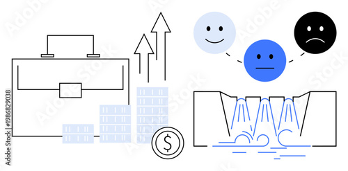 Business growth, financial success, decision-making, emotional intelligence, customer satisfaction, work-life balance. Briefcase, coins arrows and emotive faces linked to a waterfall. Business