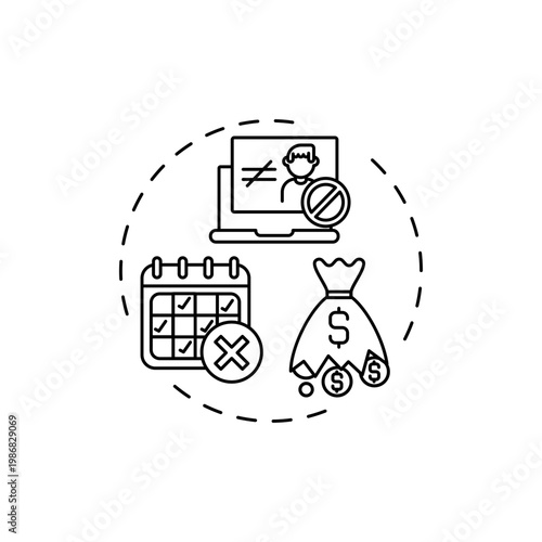 Strict cancellation policies concept icon. Online english teaching challenges. Hard to cancel planned lesson at school idea thin line illustration. Vector isolated outline RGB color drawing