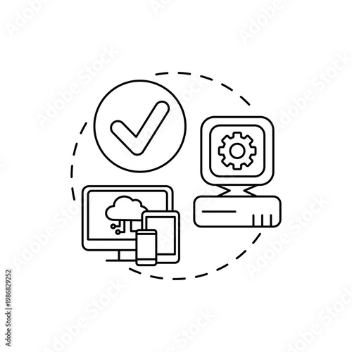 No equipment updates concept icon. SaaS benefit idea thin line illustration. Residing on remote cloud network. No excessive equipments, technology purchases. Vector isolated outline RGB color drawing