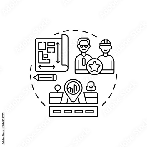 Urban design concept icon. Co-design application field idea thin line illustration. Designing streets, towns. Buildings, public spaces, transport systems. Vector isolated outline RGB color drawing