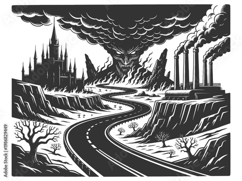 winding road leading toward a demonic figure in storm clouds, between a gothic castle and polluted industrial factory sketch engraving generative ai vector illustration. Black and white image.