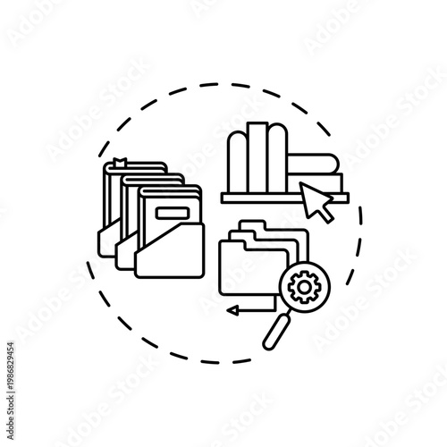 Search by collection concept icon. Online library catalogue optimization idea thin line illustration. New technology. Search options improvement. Vector isolated outline RGB color drawing