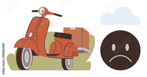 Delivery services, logistics, delays, customer dissatisfaction, parcel shipping, transportation issues. A scooter with a box and sad face icon. Delivery problems and logistics challenges concept