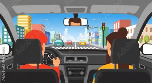 Two people driving a car through a city street.