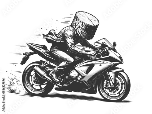 motorcyclist with a wooden log as a head, riding a sport bike, symbolizing absurdity, speed, and creative concept sketch engraving generative ai vector illustration. Scratch board. Black and white.