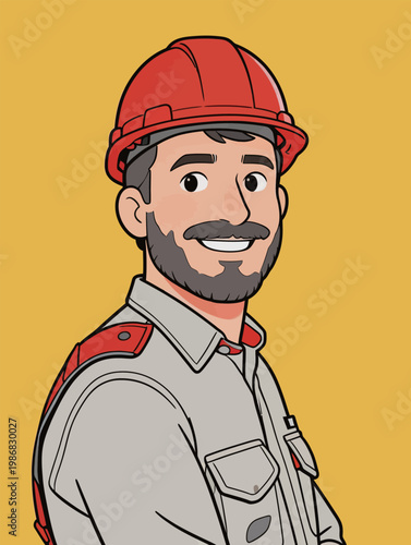 Cartoon male worker in safety helmet