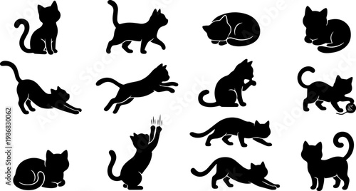 Black cat silhouettes in different activities. Ideal for cat lovers, halloween designs, pet products, and spooky themes.
