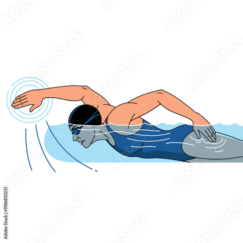 Woman swimmer performing freestyle stroke, water ripples, white background, illustration