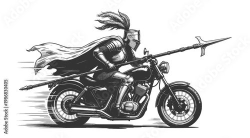 armored knight riding a motorcycle at speed, holding a lance, blending medieval warrior and modern biker concept sketch engraving generative ai vector illustration. Scratch board. Black and white.