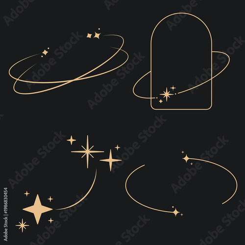 Sparkle star frame. wreath round stardust border for party, birthday decor design. laurel frame with, cosmic glitter shine. isolated black flat vector illustration.