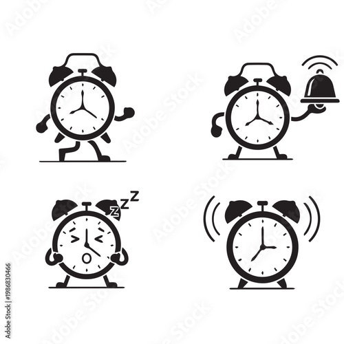 Alarm Clock Silhouette Black White Vector Illustration Set, Minimal Alarm Clock Icon Flat Design Pack, Time Management Clock Simple Vector Bundle