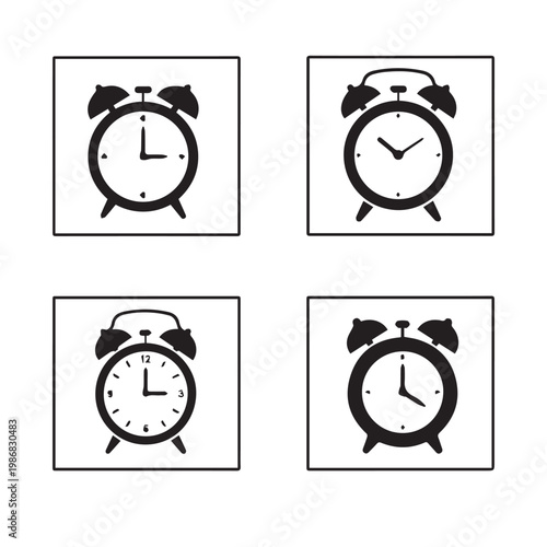 Alarm Clock Silhouette Black White Vector Illustration Set, Minimal Alarm Clock Icon Flat Design Pack, Time Management Clock Simple Vector Bundle