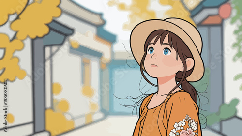 Young Girl in Traditional Village Street with Autumn Leaves