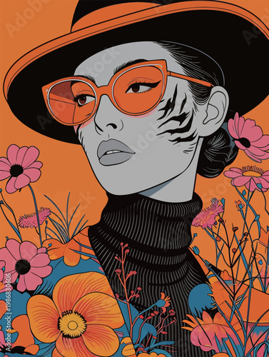 Stylish Woman with Orange Sunglasses and Floral Background