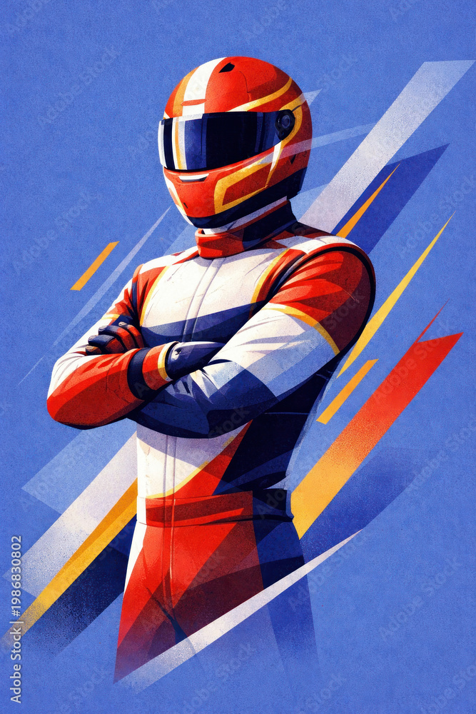 Fototapeta premium Racing Driver with Arms Crossed in Formula 1 Suit and Helmet, Dynamic Graphic Art