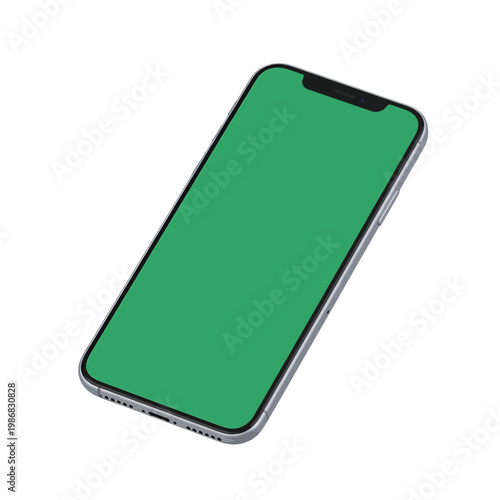 A modern smartphone with a blank green screen isolated on a white background