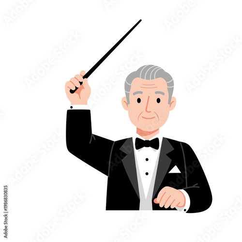 An elderly male music conductor holding a baton in a formal tuxedo suit