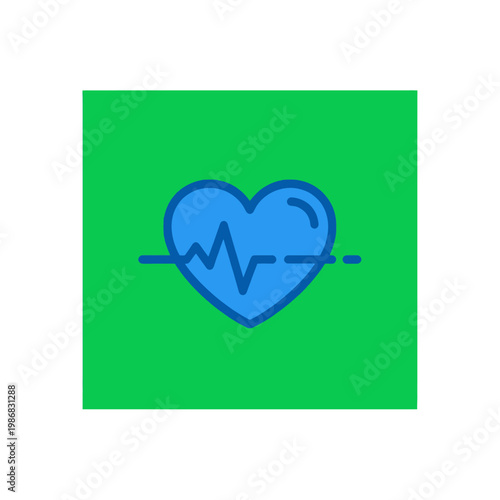A blue heart icon with a pulse line centered on a vibrant green square background