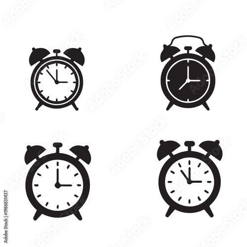 Alarm Clock Silhouette Black White Vector Illustration Set, Minimal Alarm Clock Icon Flat Design Pack, Time Management Clock Simple Vector Bundle