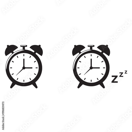 Alarm Clock Silhouette Black White Vector Illustration Set, Minimal Alarm Clock Icon Flat Design Pack, Time Management Clock Simple Vector Bundle