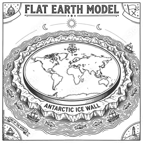 flat earth map surrounded by an Antarctic ice wall, with oceans, ships, and symbolic celestial elements sketch engraving generative ai vector illustration. Scratch board imitation. Black and white.