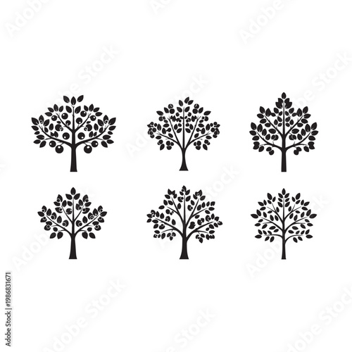 Blueberries Tree Silhouette Vector Illustration Set, Blueberry Plant Branch Black White Design Pack, Wild Blueberry Tree Minimal Vector Illustration