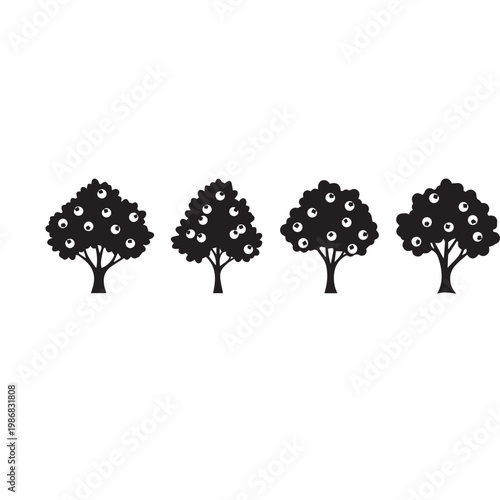 Blueberries Tree Silhouette Vector Illustration Set, Blueberry Plant Branch Black White Design Pack, Wild Blueberry Tree Minimal Vector Illustration