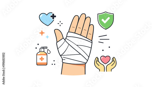 A bandaged hand with medical icons and a green shield for protection