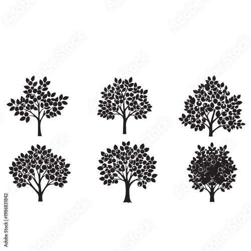 Blueberries Tree Silhouette Vector Illustration Set, Blueberry Plant Branch Black White Design Pack, Wild Blueberry Tree Minimal Vector Illustration