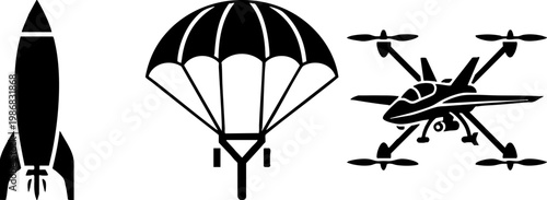 Aerospace and aviation icons set including rocket drone and parachute